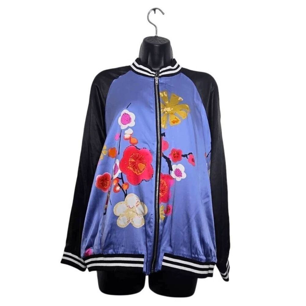 Alice Blue Jacket Size Large 100% Silk Floral Zip Up Pretty Statement
